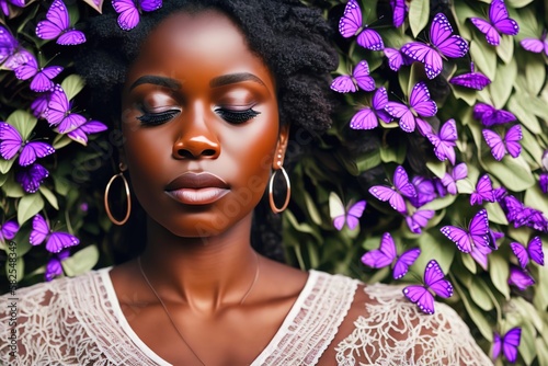 Beautiful face of african american girl woman surrounded by nature. Purple butterflies, green leaves. concept of environment, nature, think green, world ecology, save the world. generative AI © Pictures Paradise