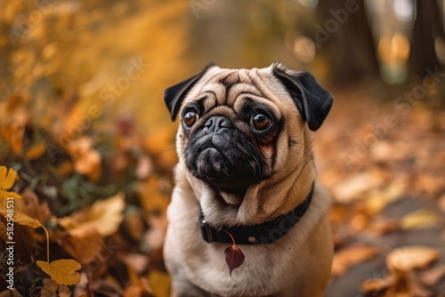 In a nearby park, a happy pug walks amid the autumn leaves. Generative AI