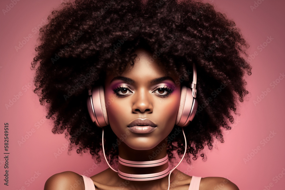 Fototapeta premium Dreamy black woman with afro hair and headphones on pink background, generative ai
