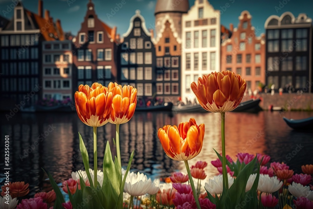 illustration, dutch tulips in bloom, ai generative