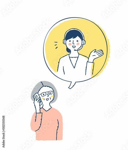電話で会話するシニア女性とオペレーターの女性