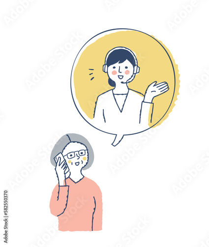 電話で会話するシニア女性とオペレーターの女性