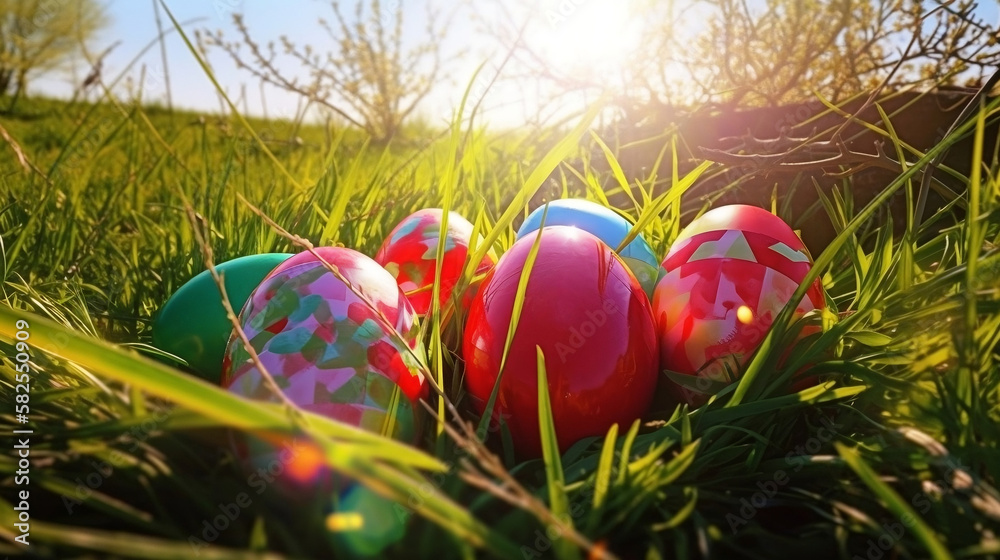 Fototapeta premium Colourful Easter eggs in a field
