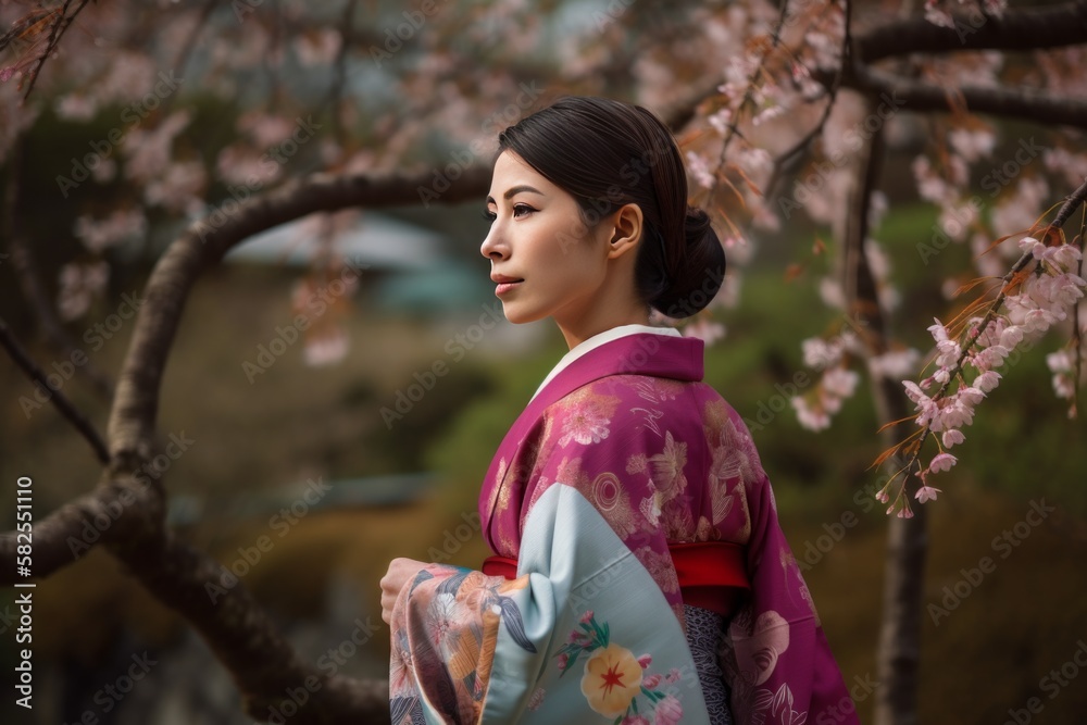 Kirschblüte in Japan mit japanischer Frau im Kimono Kirschblüte in Japan mit japanischer Frau im Kimono