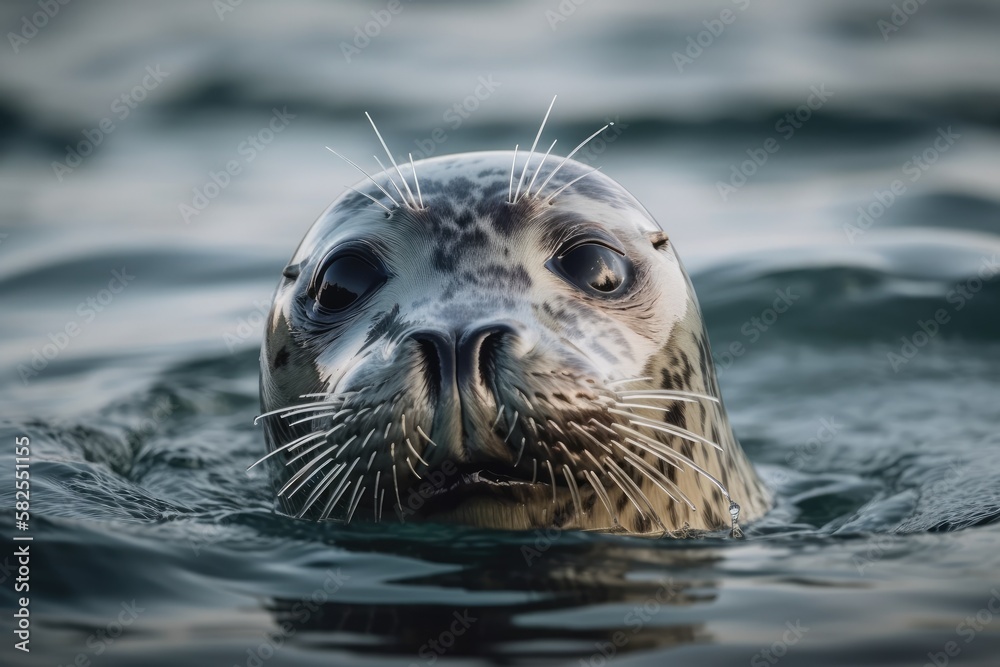 Fototapeta premium The grey seal is swimming with its head above the water. Generative AI