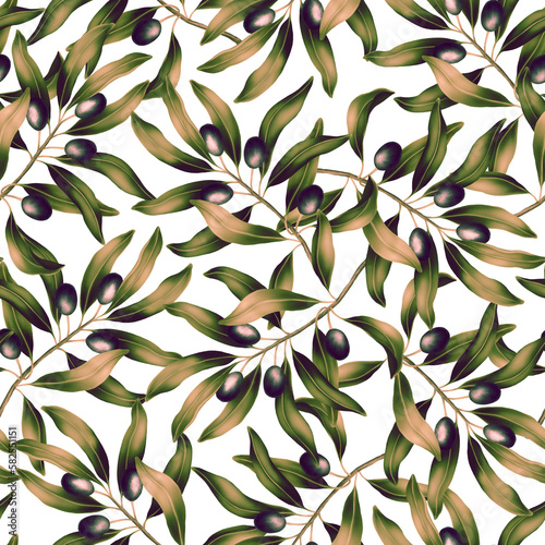 Seamless pattern with olive tree branch and leaves. Vivid print with beautiful botanical illustration. Repeated realistic high quality luxury design for packaging, cosmetic, fashion, textile.