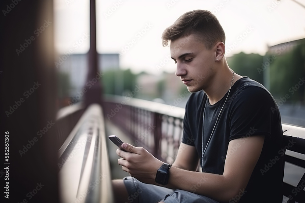 Young man holding a phone on a bridge.