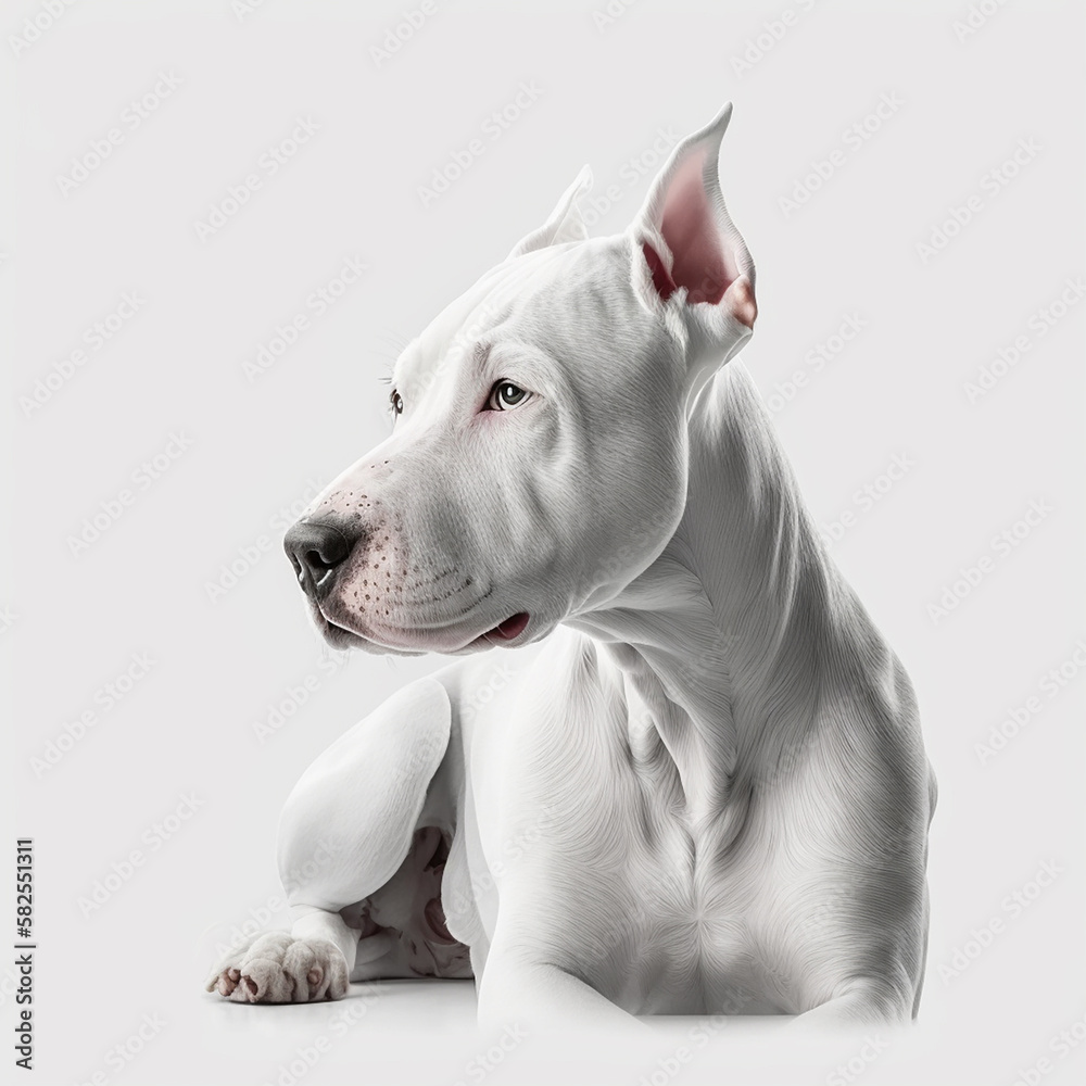 Strong white dog breed dogo argentino portrait isolated on white close-up, beautiful pet, lovely dog, ai generative