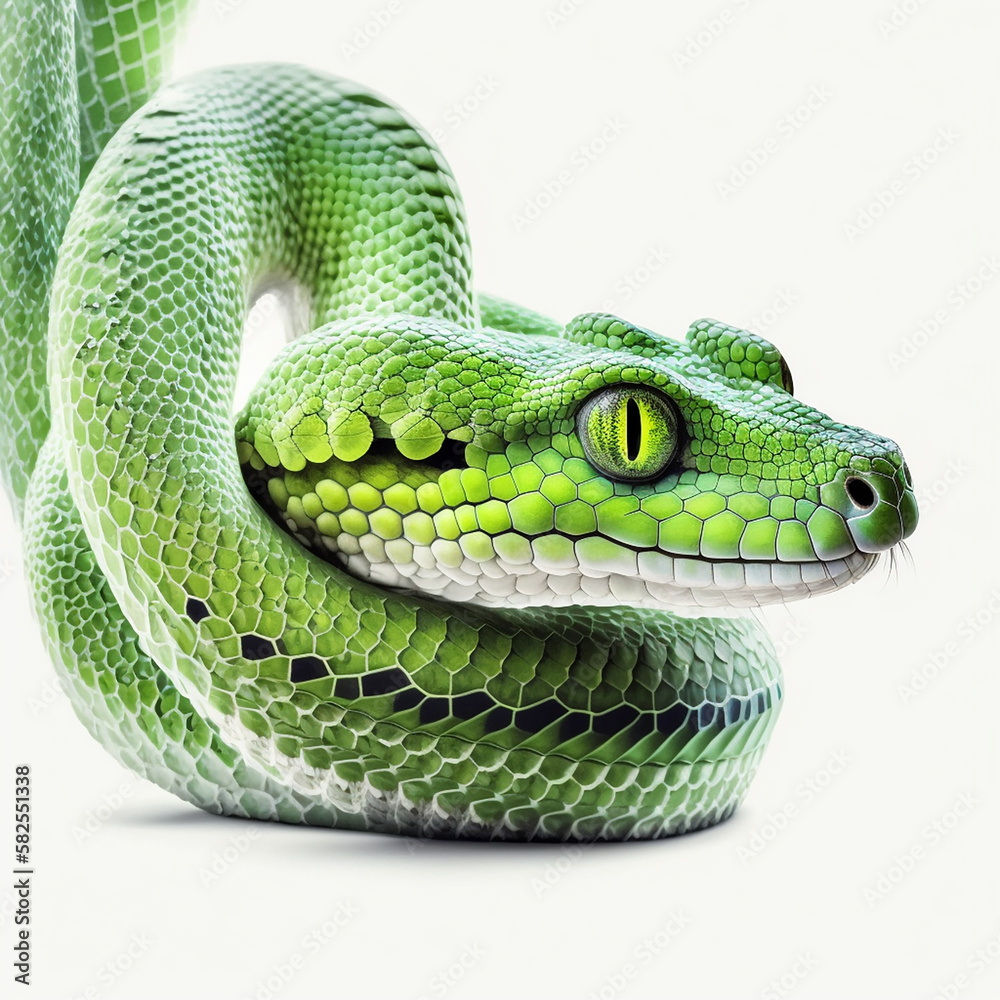 Obraz premium Green python snake isolated on white close-up, beautiful reptile, ai generative