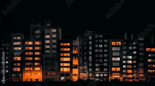 A digital illustration of a row of buildings in a city at night with colorfully lighted windows. Generative AI. 