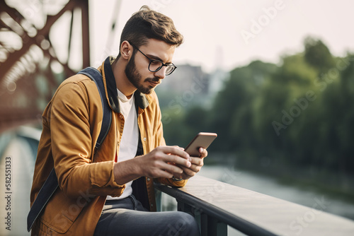 Young man holding a phone on a bridge.