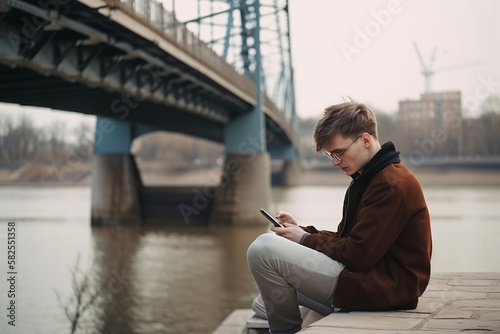 Young man holding a phone on a bridge.