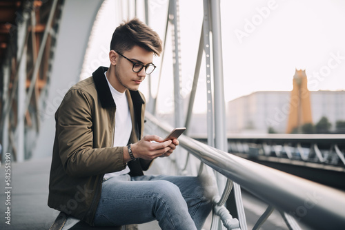 Young man holding a phone on a bridge.
