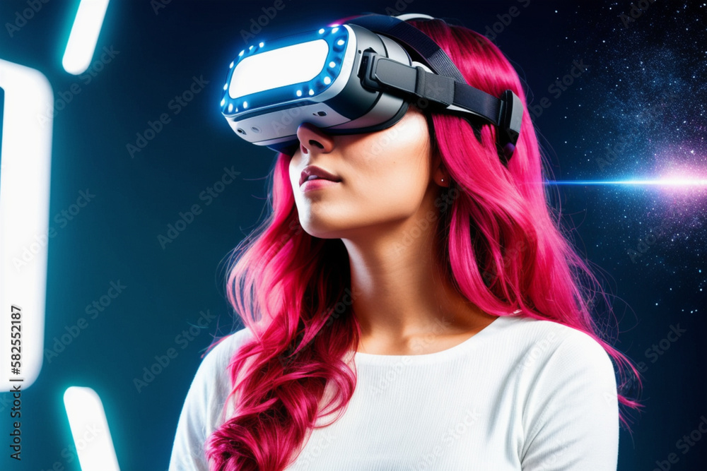 Beautiful futuristic woman using virtual reality glasses in the Metaverse. Girl with VR device and digital elements around her head. Generative AI Beautiful futuristic woman using virtual reality glasses in the Metaverse. Girl with VR device and digital elements around her head. Generative AI