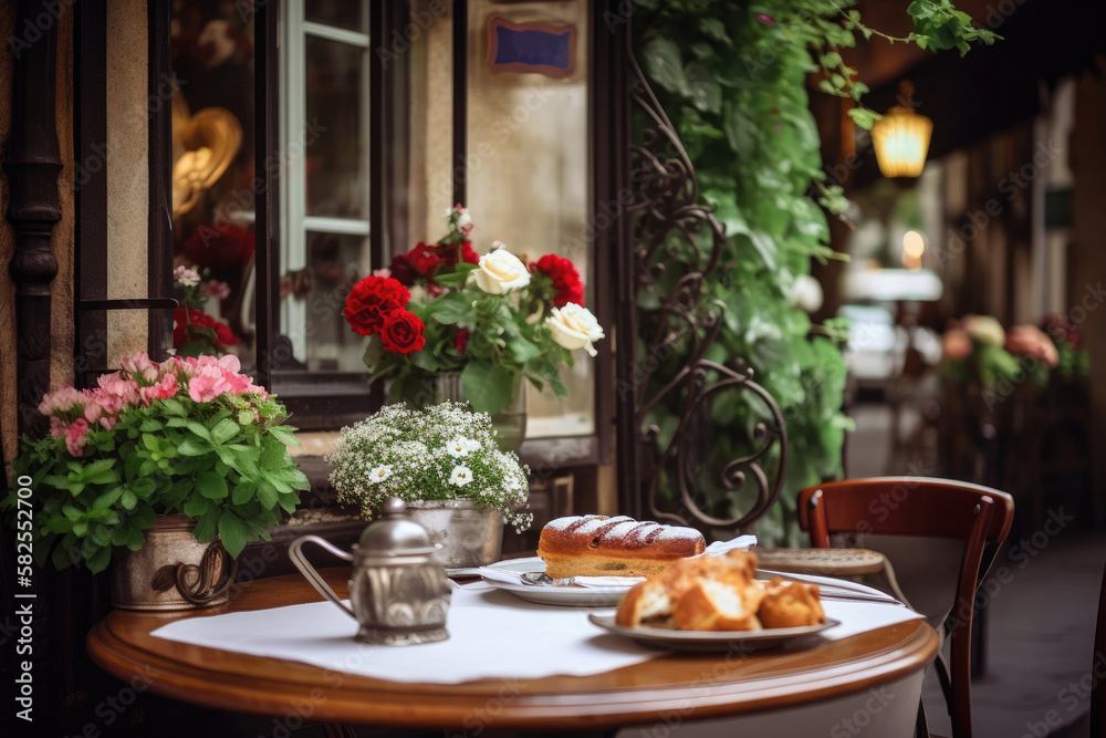 The charming little French cafe is adorned with delicate flowers, and the scent of freshly brewed espresso and flaky croissants fills the air, creating a tranquil ambiance - Generative AI The charming little French cafe is adorned with delicate flowers, and the scent of freshly brewed espresso and flaky croissants fills the air, creating a tranquil ambiance - Generative AI
