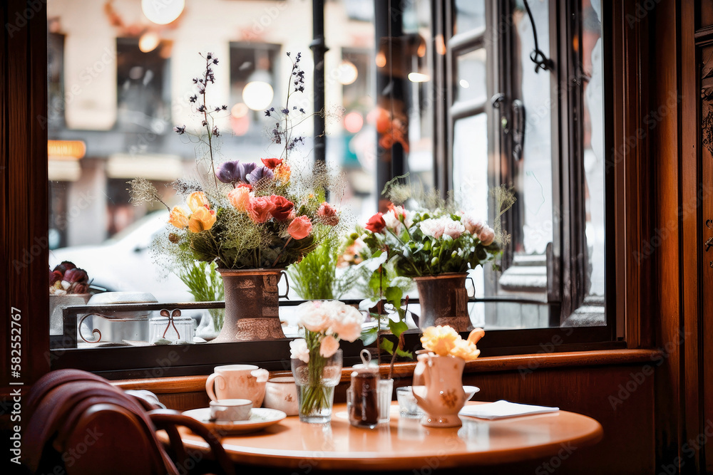 The charming little French cafe is adorned with delicate flowers, and the scent of freshly brewed espresso and flaky croissants fills the air, creating a tranquil ambiance - Generative AI