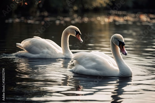 White swans are seen standing near to a lake or pond in the background. Generative AI