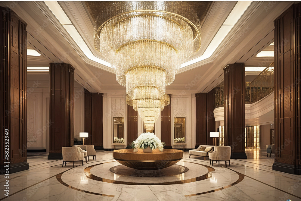 The luxury design lobby of a hotel may feature grandiose chandeliers