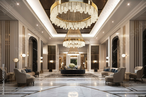 The luxury design lobby of a hotel may feature grandiose chandeliers, plush velvet seating, marble floors and walls, and sleek modern art pieces, exuding opulence and sophistication - Generative AI