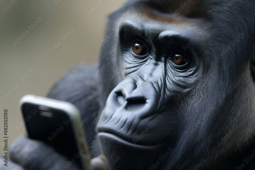 Obraz premium Gorilla monkey looking at smartphone. Generative AI