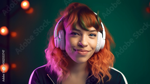 Gamer streamer girl with headphones
