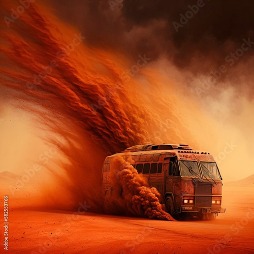 truck on sand storm in the desert