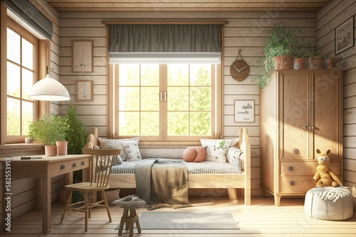  shildren room with natural wooden furniture Farmhouse styl  generative artificial intelligence