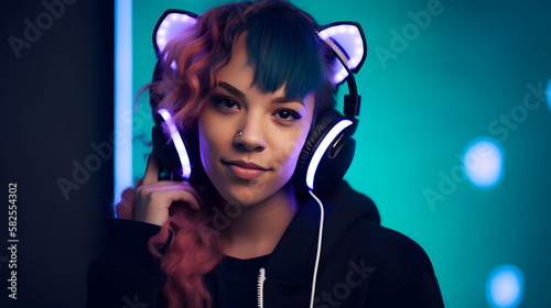 Wallpaper Mural gamer girl otaku streamer with cat ears headphones Torontodigital.ca