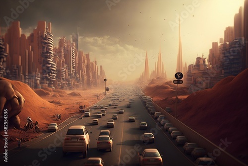 Life on a mars, metropolis city, traffic. Generative AI