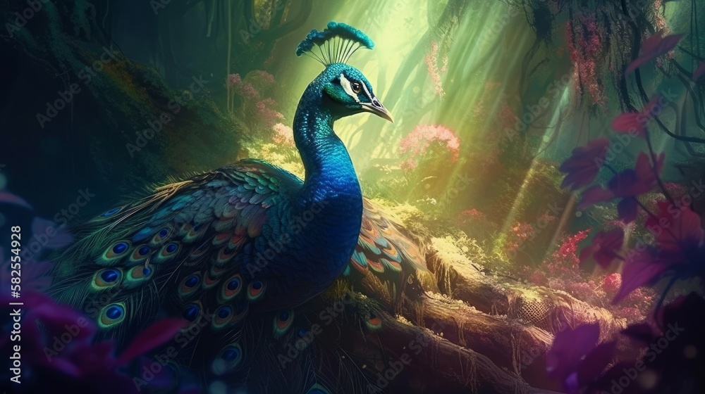 Fototapeta premium A beautiful peacock in a fantastical forest landscape. Generative AI. 