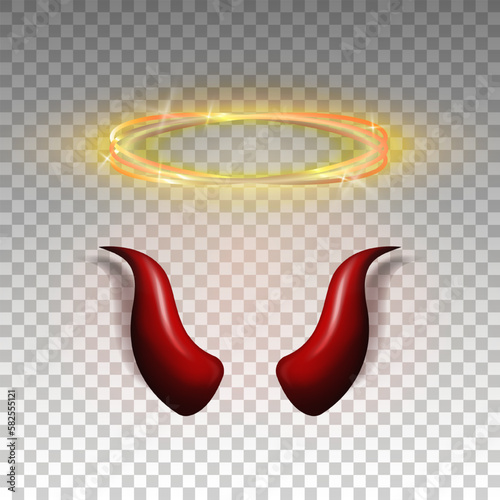 Three dimensional shiny golden nimbus and red devil horns. Glossy daemon horns and halo, angel ring isolated in transparent background. Carnival, masquerade elements. Vector illustration EPS 10