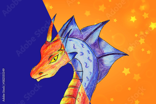 Fototapeta Naklejka Na Ścianę i Meble -  Head of a dragon in two colors blue and orange , on a background in two parts and colors .