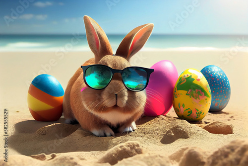 Easter bunny in glasses with colored eggs on a sandy beach by the ocean . High quality illustration