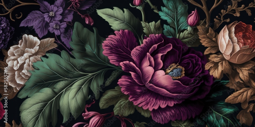 Roses and peonies flowers background in rich deep colors, new baroque maximialist style generative ai