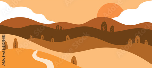 Colorful vector illustration ready to print  sun and hills valley