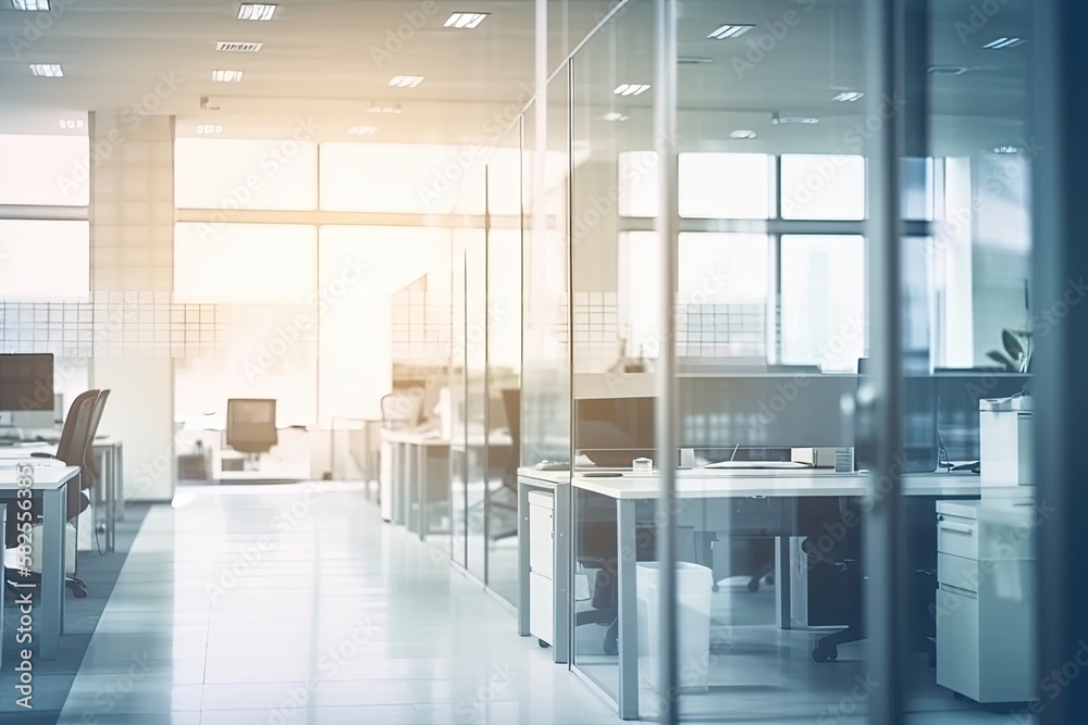 Abstract blurred office interior room. blurry working space with defocused effect. use for background or backdrop in business concept - Generative AI Abstract blurred office interior room. blurry working space with defocused effect. use for background or backdrop in business concept - Generative AI