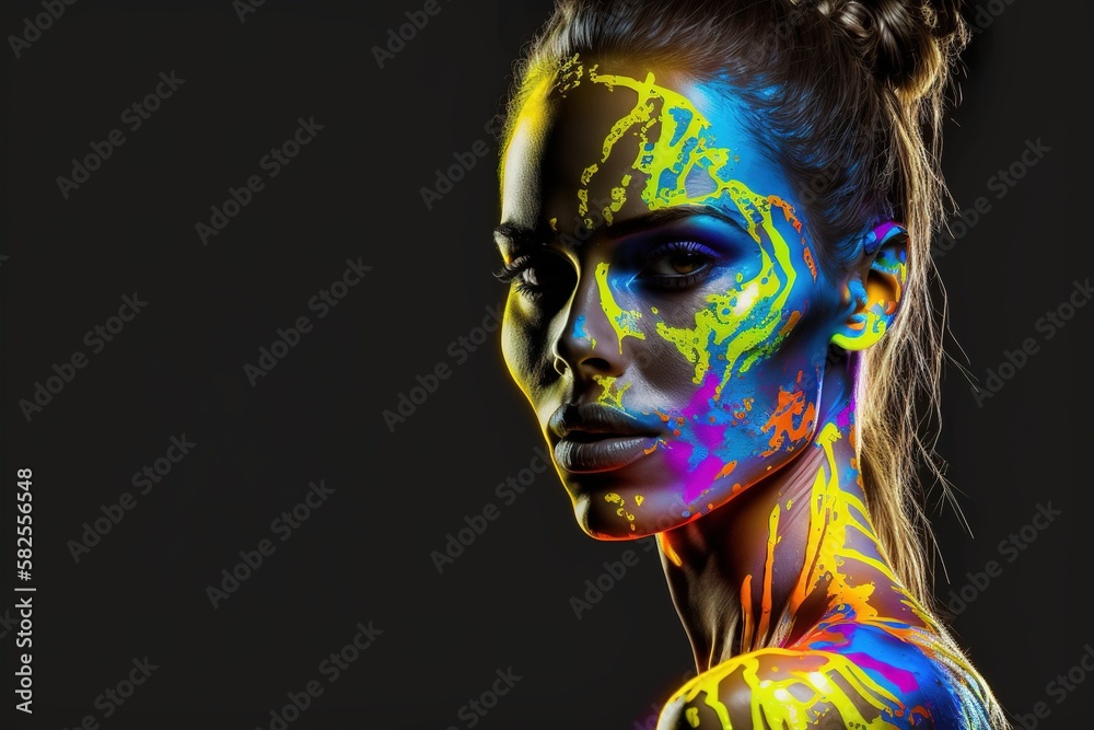 female eye with colorful makeup. Beautiful fashion model with creative artistic make-up. Abstract colorful makeup. Generative AI
