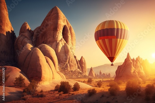 Colorful hot air balloon fly over the mountain at dawn, generative ai
