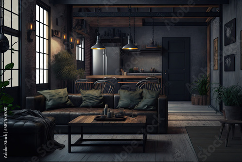 Modern dark home interior industrial style wall mock up,generative artificial intelligence