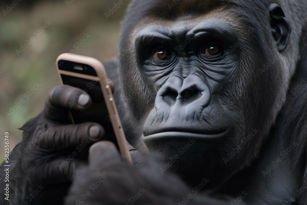 Gorilla monkey looking at smartphone. Generative AI Illustration Stock |  Adobe Stock