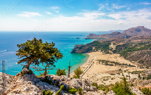 Tsampika beach and Rhodes island panorama from Tsampika mountain top, Greece