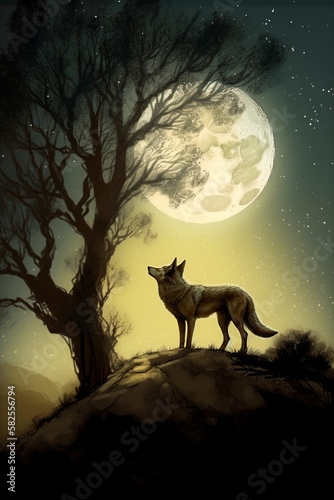 wolf with a full moon and tree for halloween 