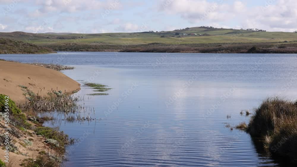 Ripples in calm water on coastal lagoon with rolling green hills in background Ripples in calm water on coastal lagoon with rolling green hills in background