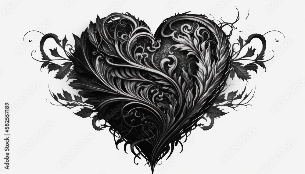 Fototapeta premium Tattoo of heart with intricate details in black hand drawn style isolated on white generative ai