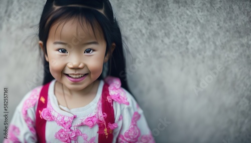 Portrait of a beautiful 3 year old Asian girl smiling. Close up. Copy space. Banner. generative ai