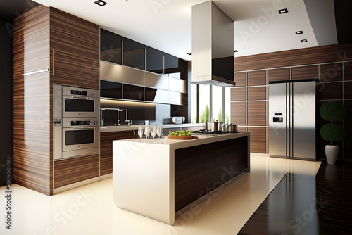  Modern new light interior of kitchen with white furniture,generative artificial intelligence