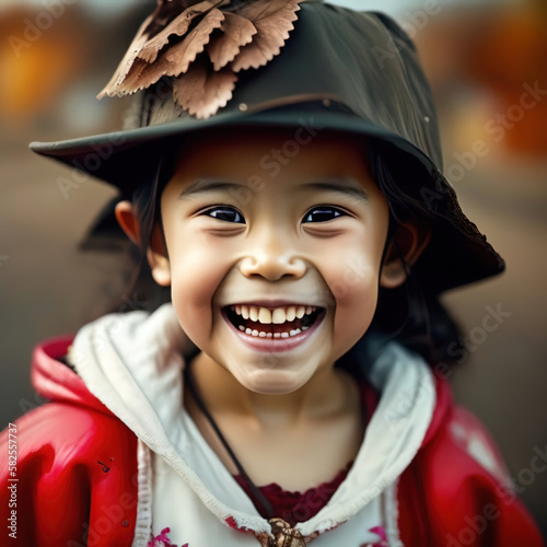 Beautiful 5 year old Asian girl wearing a rain cap and raincoat. Ai generative. © Pictures Paradise