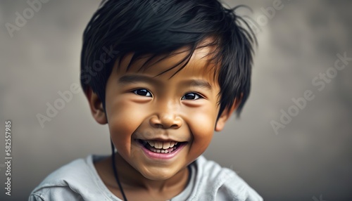 Portrait of a beautiful 5 year old Asian boy smiling. Close up. Copy space text. Banner. generative ai photo