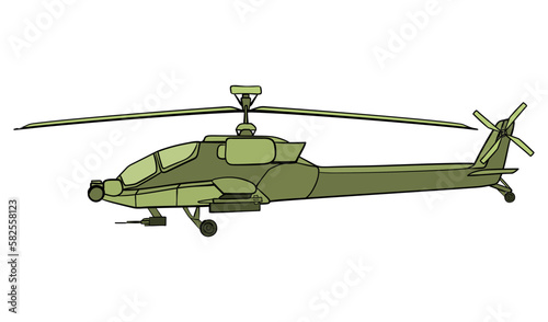 Military helicopter in flat style. Boeing AH-64 Apache. Doodle side view. Colorful vector illustration isolated on white background.