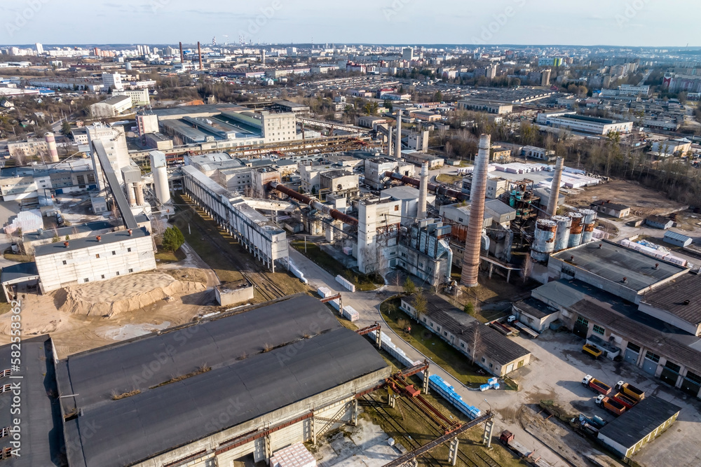 aerial panoramic view of pipes as of an old abandoned factory